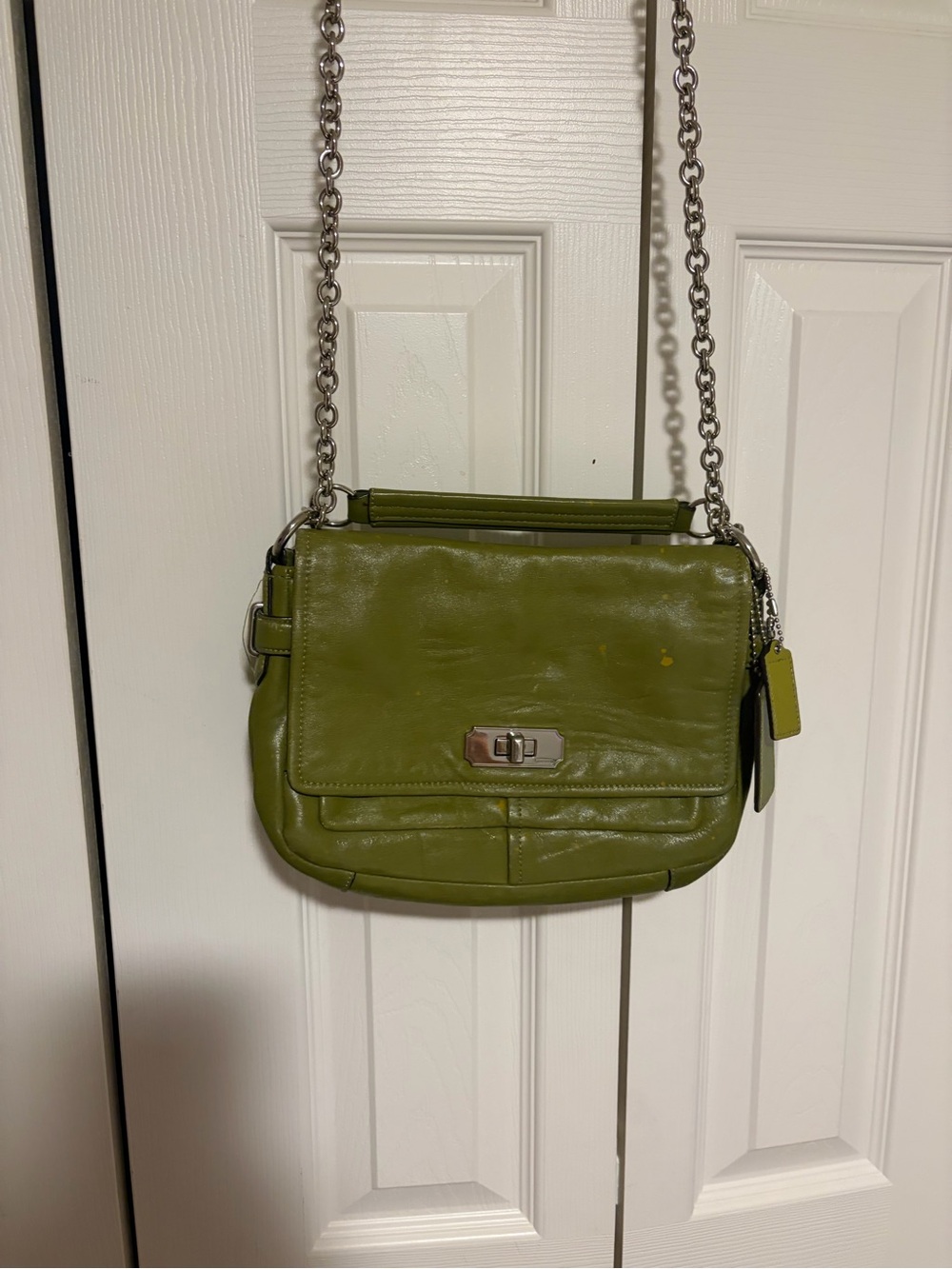 Coach Olive Green Leather Crossbody with Silver Chain Strap